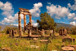 The Tholos at the sanctuary of Athena Pronaia,  a circular building with Doric columns 380 BC . Delphi Greece